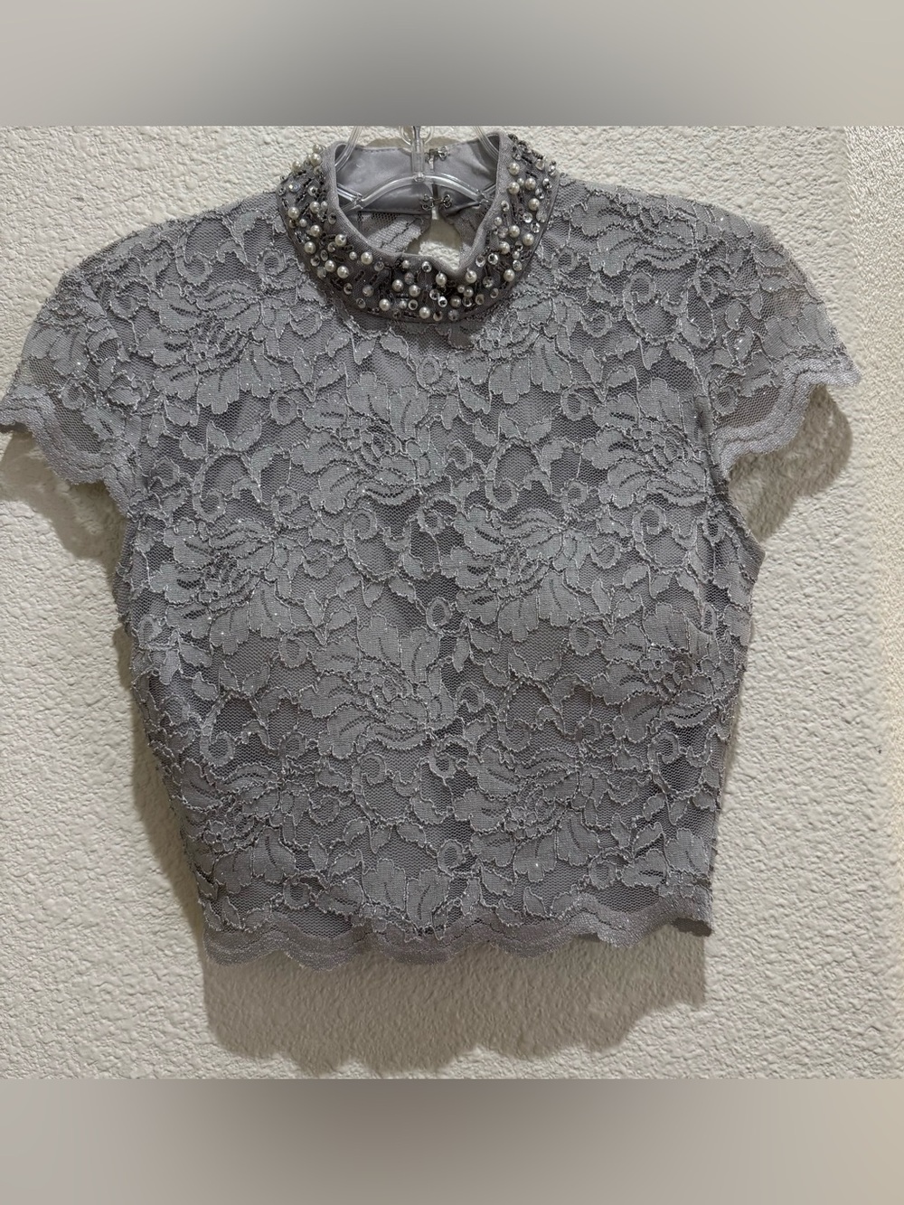 City Studio  Beaded Lace Crop Top - Gray